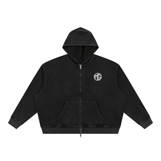 Unisex Vintage Wash "MG" Waffle Full Zip Hoodie